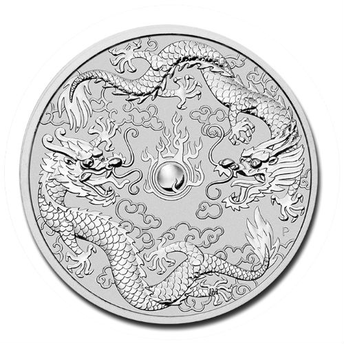 AUSTRALIA DOUBLE DRAGON – 2019 1 oz Pure Silver BU Coin in Capsule – Perth Mint