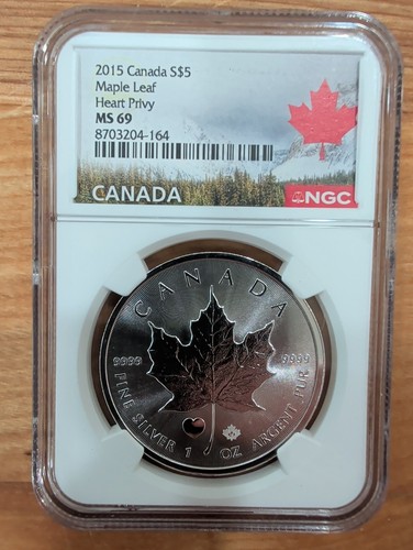 2015 S $5 Canada Maple Leaf Heart Privy MS69